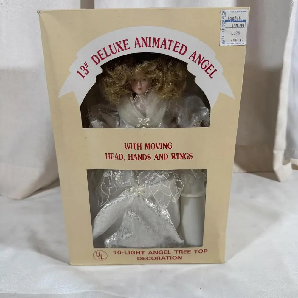 Vintage Animated Lighted‎ Angel Tree Topper Christmas Moving Head Hands Wings